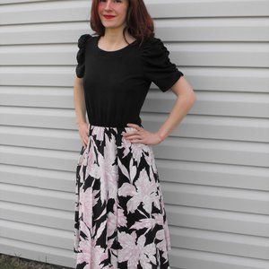 80s Retro Floral Dress Black Pink Print Cotton Ruched Tulle Rockabilly XS S